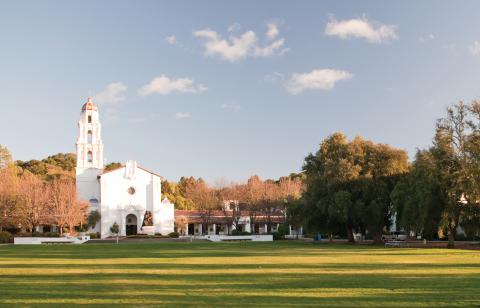 Saint Mary&#039;s college lawn with chapel in the background at sunset
